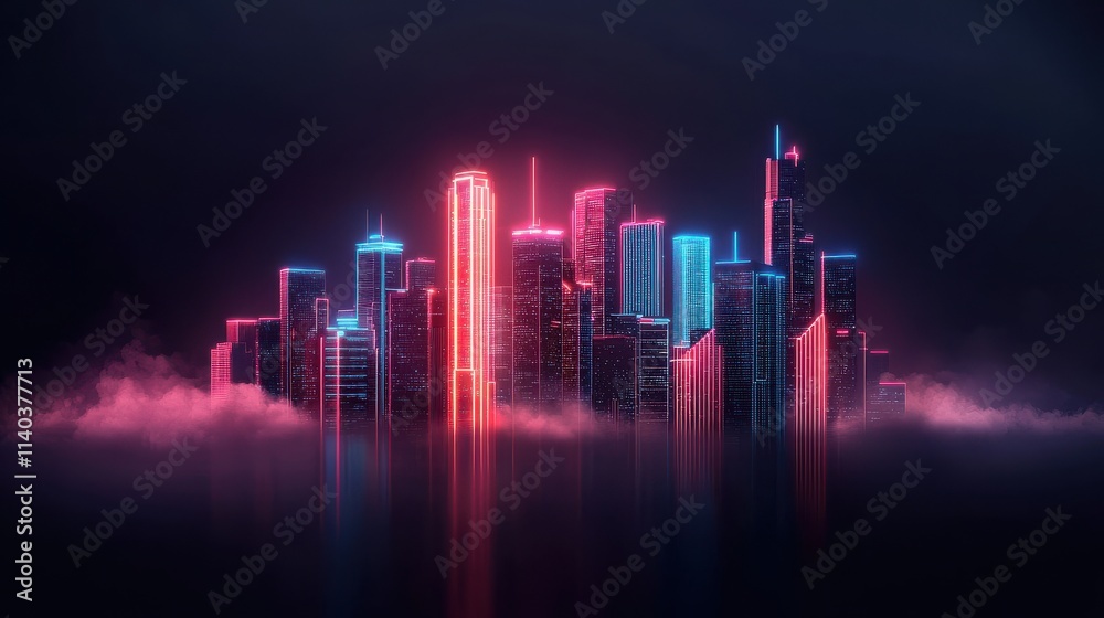 Obraz premium A vibrant neon city skyline emerges from fog, illuminated by pink and blue lights against a dark backdrop.