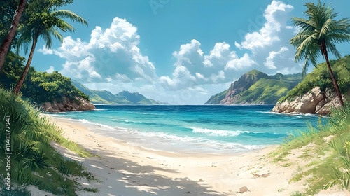 A beautiful beach scene with a clear blue ocean and palm trees in the background