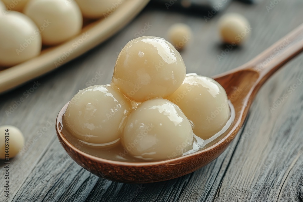 Sweet dumpling balls in a spoon Traditional dish Sweet dumpling balls in a spoon Traditional dish