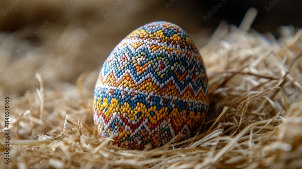 A beautifully designed Easter egg featuring vibrant patterns sits gracefully on a bed of straw, evoking a festive spirit in a rural backdrop A beautifully designed Easter egg featuring vibrant patterns sits gracefully on a bed of straw, evoking a festive spirit in a rural backdrop