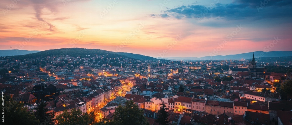 Obraz premium Aerial twilight view of urban cityscape with captivating evening sky and city lights