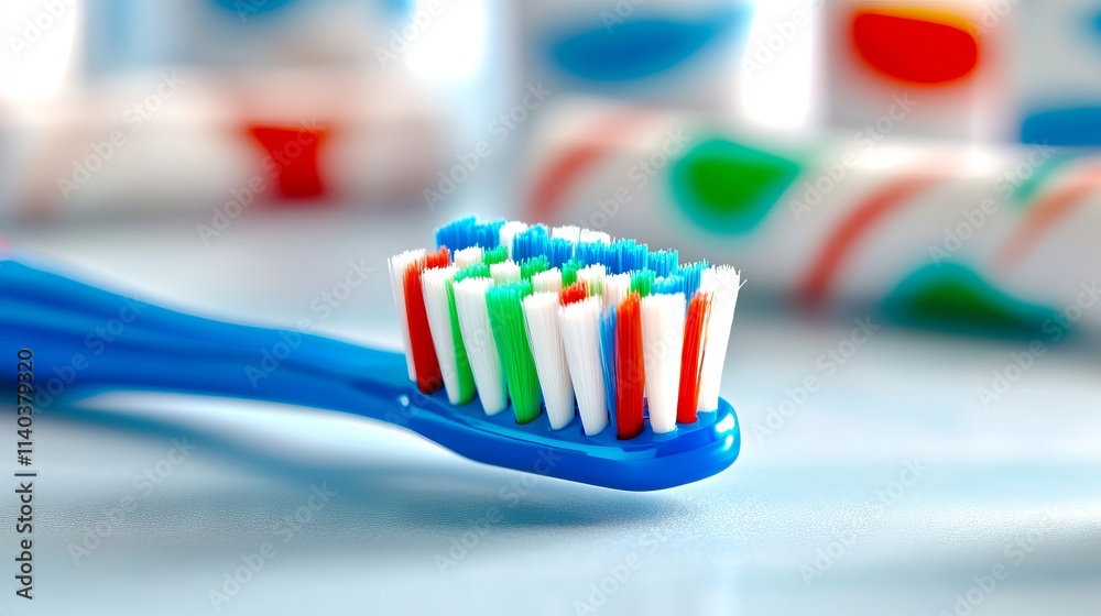 A blue toothbrush sitting on top of a table next to a row of toothbrushes A blue toothbrush sitting on top of a table next to a row of toothbrushes