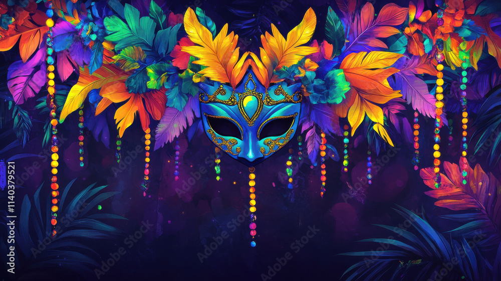 Fototapeta premium vibrant Mardi Gras festival background with colorful mask and feathers