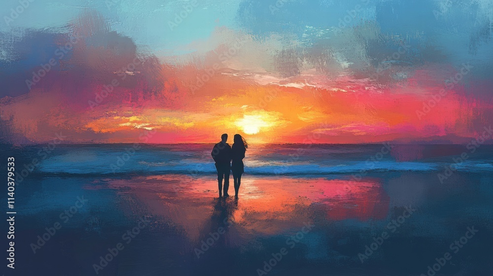 Tranquil sunrise beach photo a couple's peaceful togetherness in wide perspective Tranquil sunrise beach photo a couple's peaceful togetherness in wide perspective