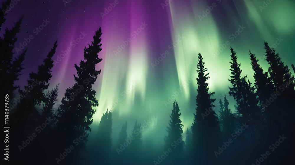 Purple and green auroras dancing in the night sky above a treeline. Purple and green auroras dancing in the night sky above a treeline.