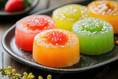 Three colored Songpyeon a honey filled rice cake is a traditional Korean dish served on New Year s and Chuseok photo