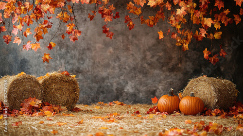 Rustic harvest festival scene with pumpkins and hay bales
