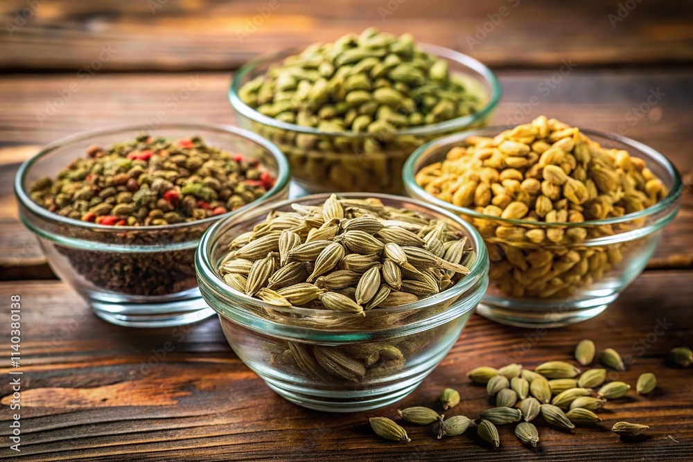 Spices in bowls with forced perspective