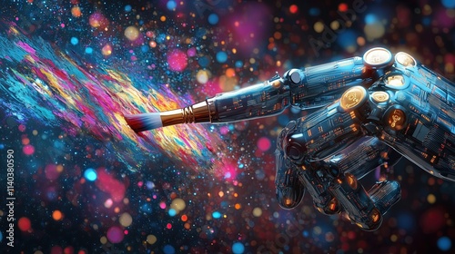 Robotic hand holding a paintbrush, creating abstract digital art that seems to be evolving in real-time, capturing the creative potential of artificial intelligence, illustration photo