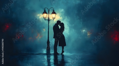 A couple is kissing under a street lamp on a rainy night