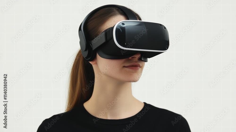 Eye-level vr experience woman immersed in digital home setting with clean background Eye-level vr experience woman immersed in digital home setting with clean background