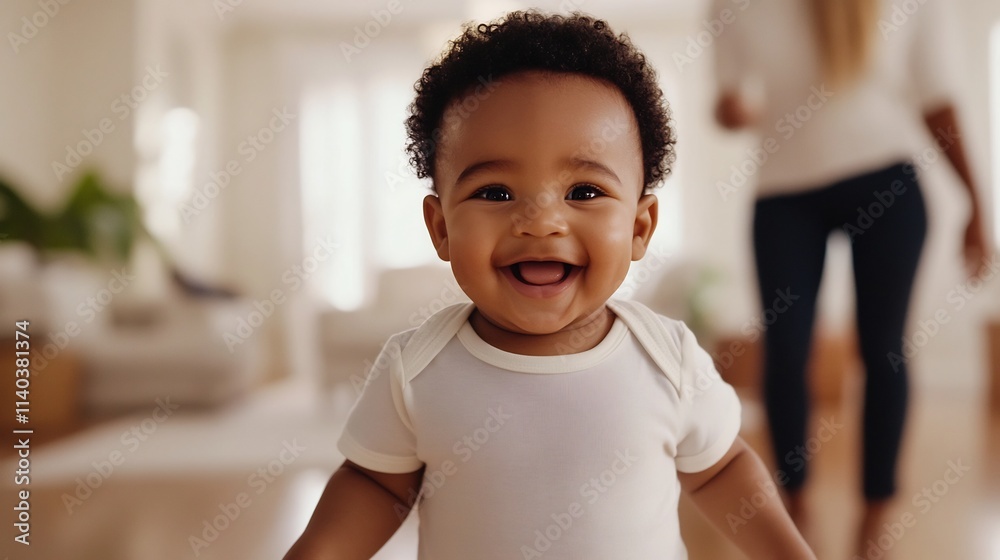 Delighted Parents Celebrate Baby's First Steps in Warm Living Room Delighted Parents Celebrate Baby's First Steps in Warm Living Room