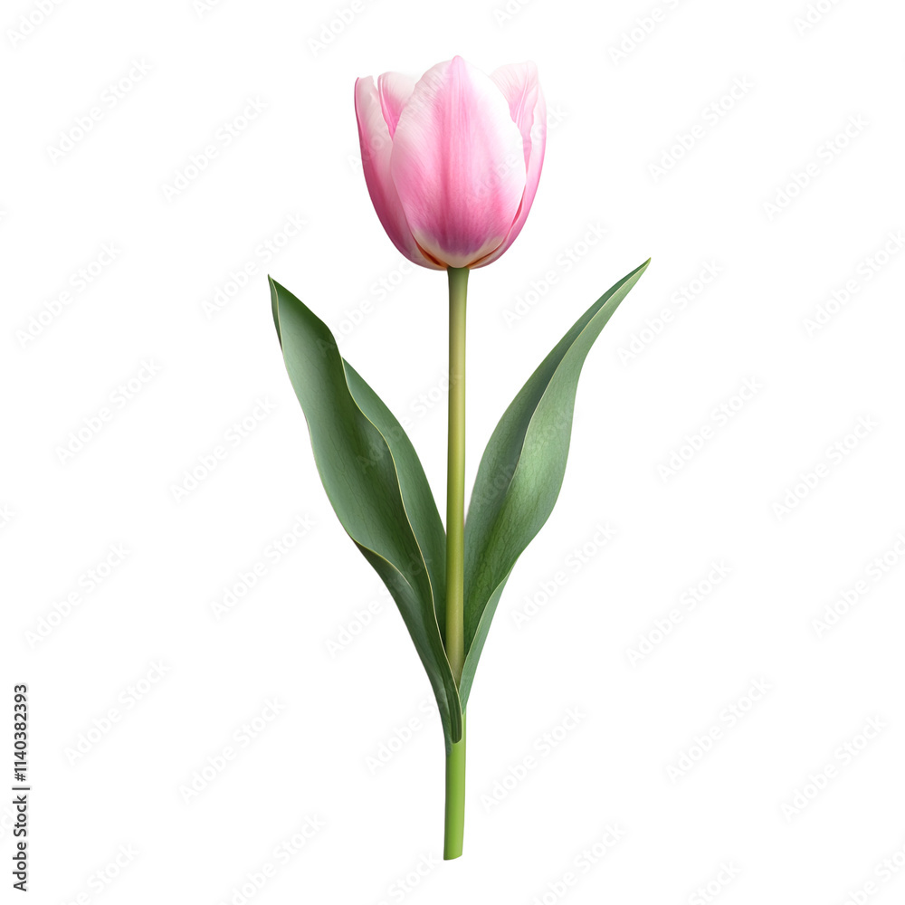 Fototapeta premium A pink and white tulip with green leaves on a plain background.