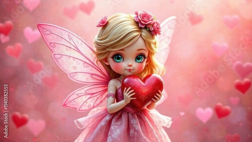 Cute magical fairy holding a heart in her hands for valentine's day, love concept, valentine's day, wallpaper, valentine's day card
