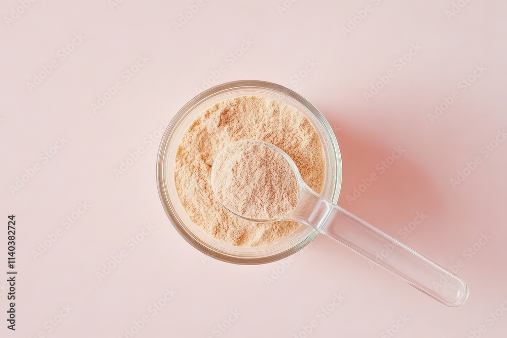 Top view of a plastic spoon holding collagen powder above a glass of water skin health supplement Top view of a plastic spoon holding collagen powder above a glass of water skin health supplement