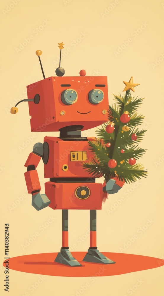 Cute red robot holding a miniature Christmas tree. (1) Cute red robot holding a miniature Christmas tree. (1)