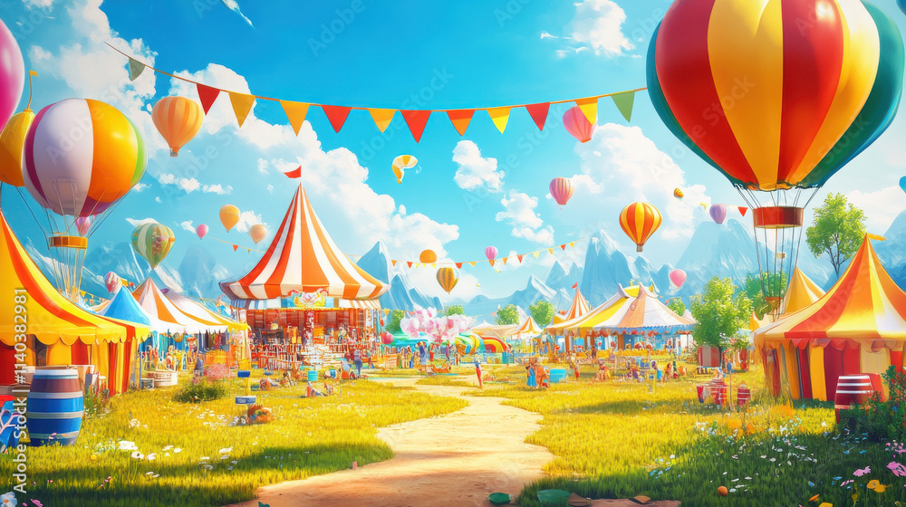 Obraz premium vibrant summer festival scene with colorful tents and balloons
