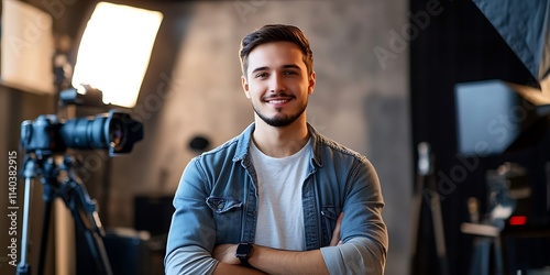 Portrait of male photographer standing confidently in photography studio, surrounded by camera equipment photo