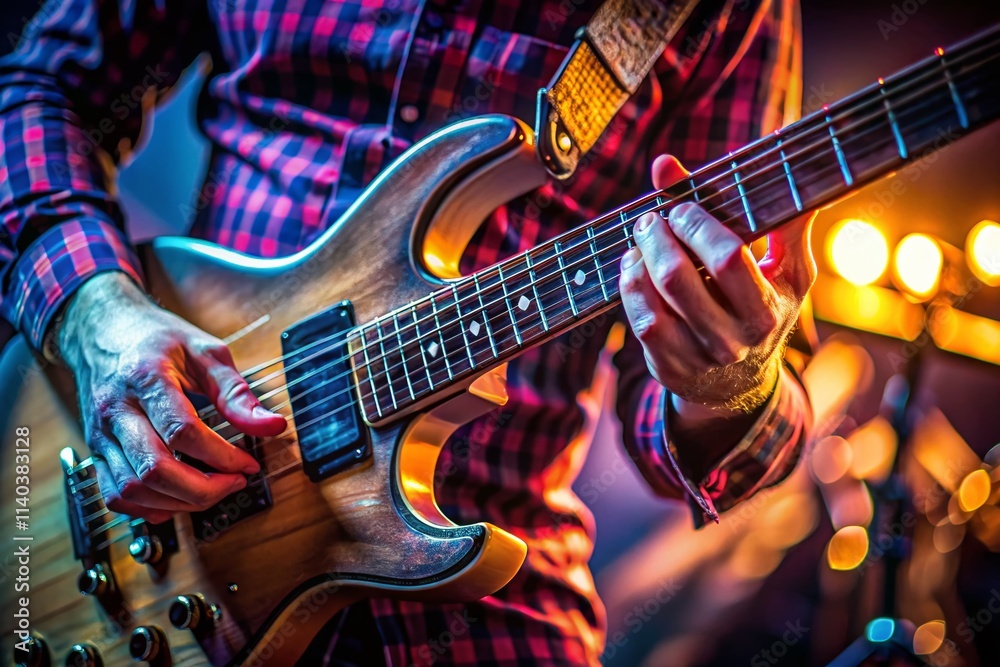 Naklejka premium Electric Guitar Closeup, Musician Hands, Rule of Thirds, Music Photography, Instrument Playing