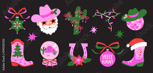 Western-themed Christmas illustrations. Cowboy boots, Santa in a cowboy hat, decorated cacti, ornaments, horseshoes, and festive accents. Vector cartoon graphics