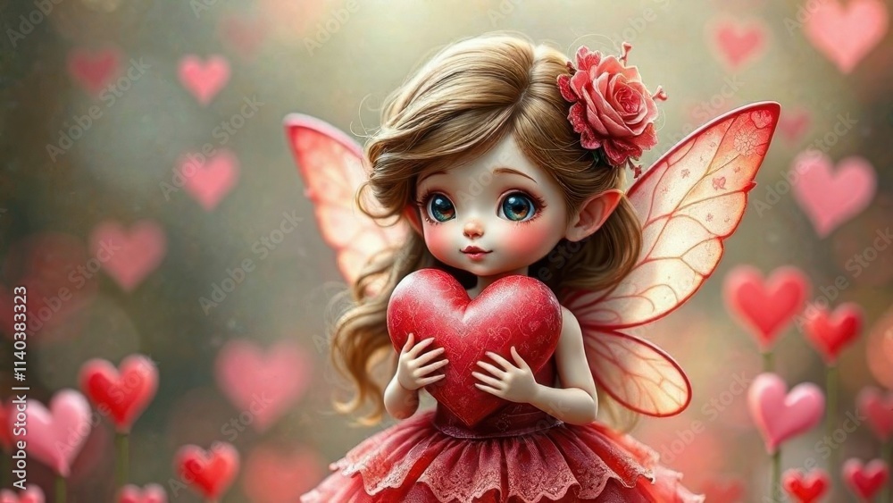 Fototapeta premium Cute magical fairy holding a heart in her hands for valentine's day, love concept, valentine's day, wallpaper, valentine's day card