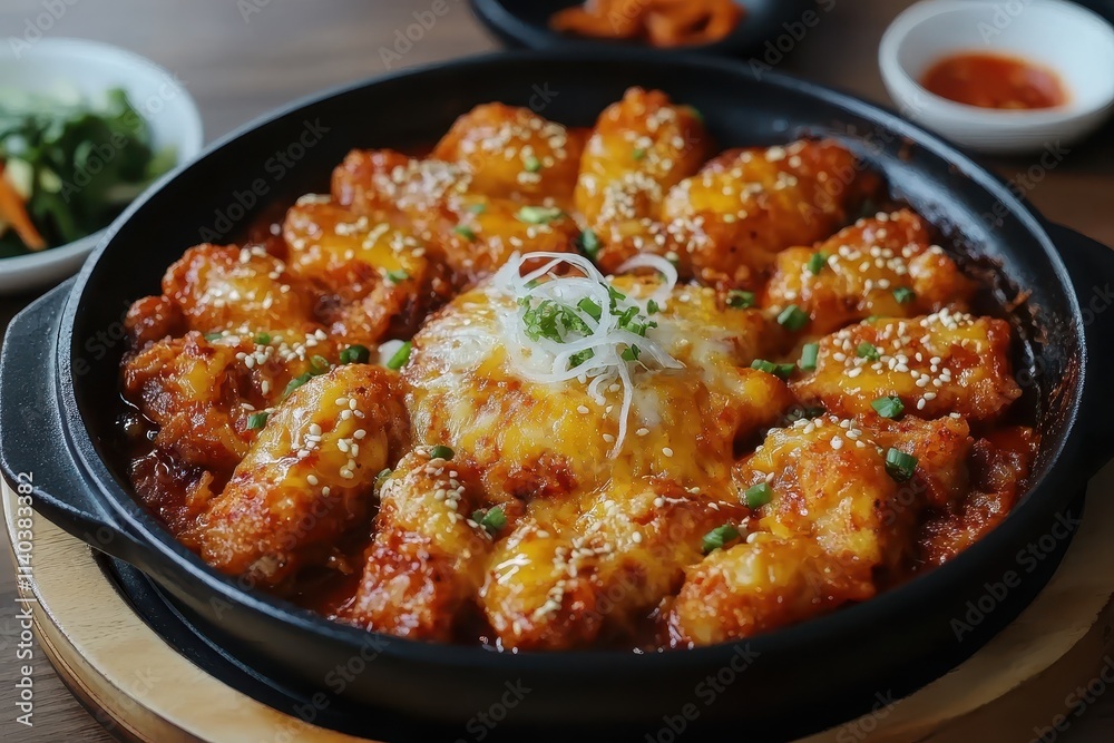 Top view of chicken and cheese in a black pan with a side dish on a wooden table Top view of chicken and cheese in a black pan with a side dish on a wooden table