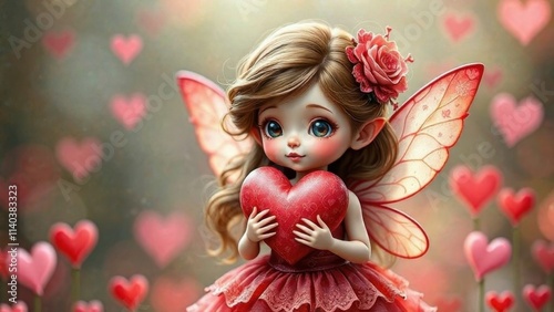 Cute magical fairy holding a heart in her hands for valentine's day, love concept, valentine's day, wallpaper, valentine's day card
