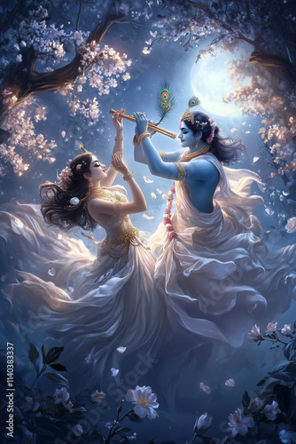 Krishna and Radha Celebrate Love in a Serene Natural Setting at Night