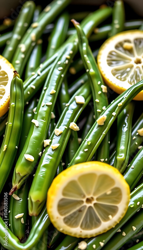 Wallpaper Mural Garlic Lemon Green Beans - Fresh green beans sautéed with garlic and lemon zest. background copyspace Torontodigital.ca