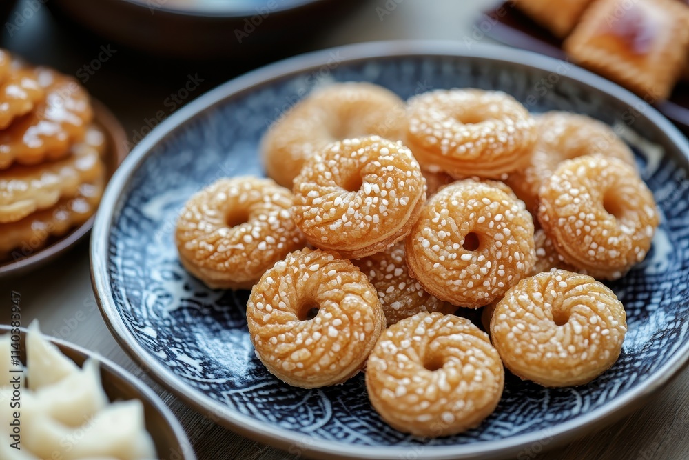 Top view of Gangjeong rice puffs and Yakgwa honey cookies Korean treats with selective focus Top view of Gangjeong rice puffs and Yakgwa honey cookies Korean treats with selective focus