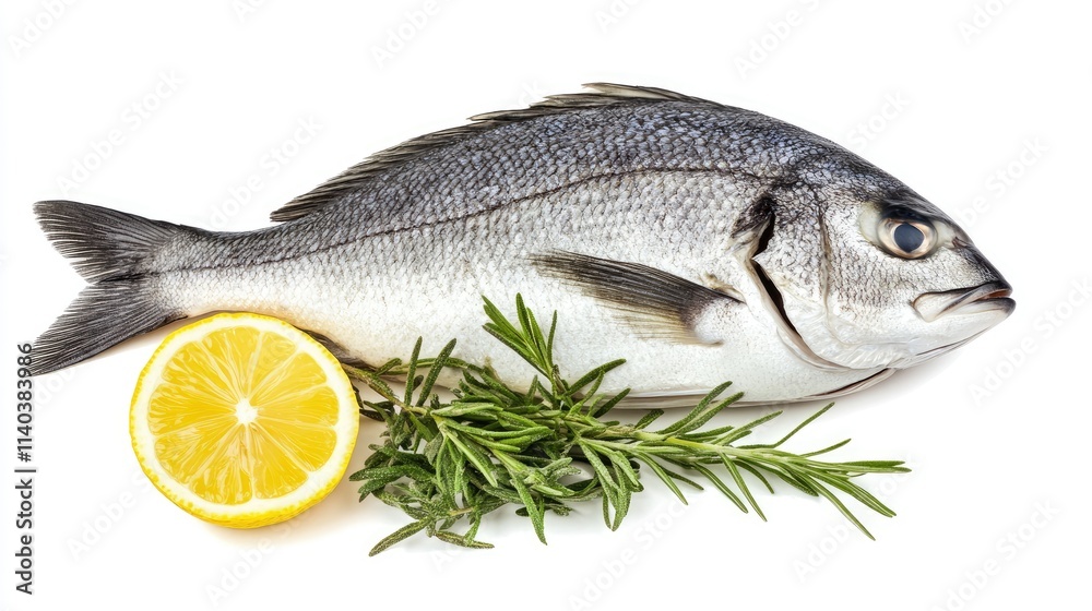A whole grilled fish garnished with herbs and lemon, set against a clean white background, capturing the essence of a gourmet seafood dish. A whole grilled fish garnished with herbs and lemon, set against a clean white background, capturing the essence of a gourmet seafood dish.