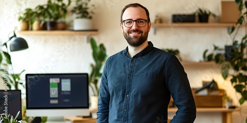 Portrait of a social media manager standing proudly in a digital workspace, smiling, with copy space photo