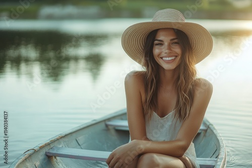 A smiling woman sitting on the edge of a pastel rowboat in a calm lake, wearing a floppy sunhat, minimal wate photo