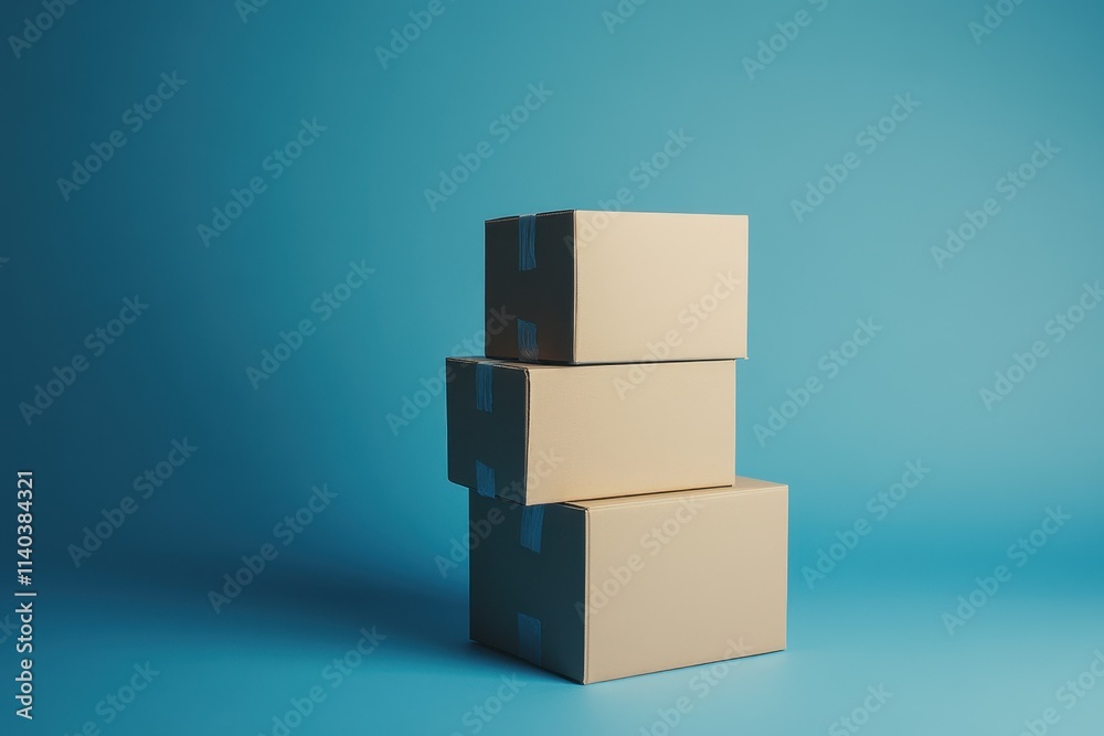Obraz premium Stack of Plain Brown Boxes on Solid Blue Background for Shipping and Packaging Concepts