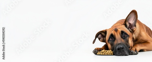 A young dog lies on the floor next to a bowl of food at home, a place for a text banner on a white background.