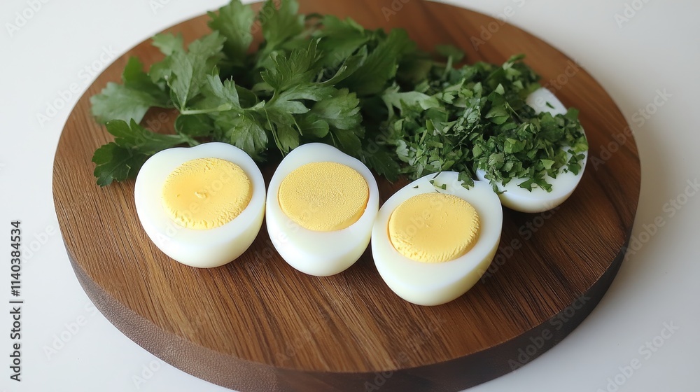 A wooden platter with a variety of boiled eggs, including classic, herb-infused, and spicy versions, garnished with fresh herbs A wooden platter with a variety of boiled eggs, including classic, herb-infused, and spicy versions, garnished with fresh herbs