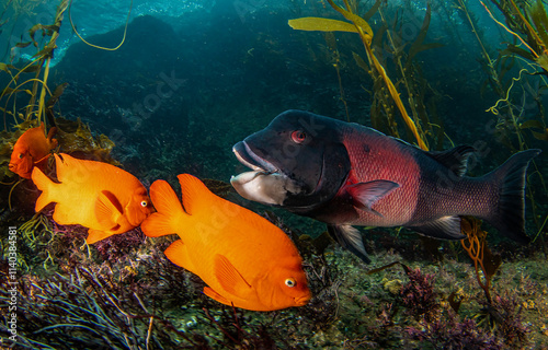 Garibaldi fishes underwater with coral fish underwater