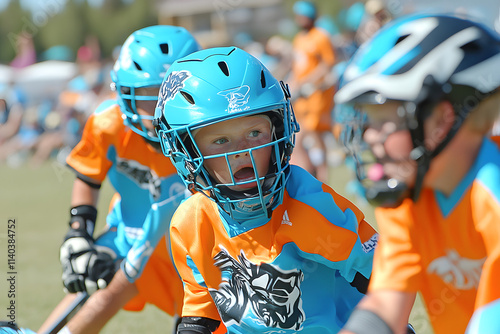 Jugendliche Lacrosse-Spieler im Wettkampf, Nahaufnahme mit Helmen und Trikots
 photo