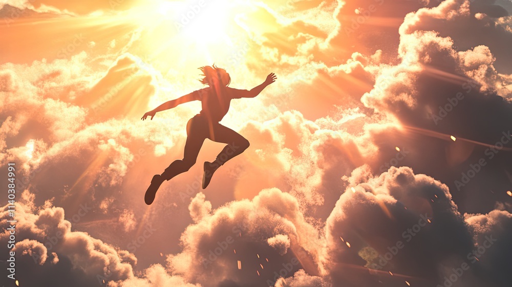 Silhouette of a person leaping through sunlit clouds. Silhouette of a person leaping through sunlit clouds.