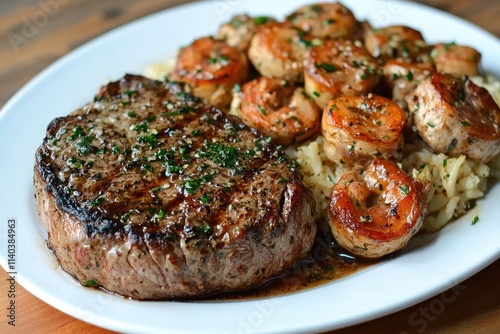 Grilled Steak with Sauteed Shrimp and Rice