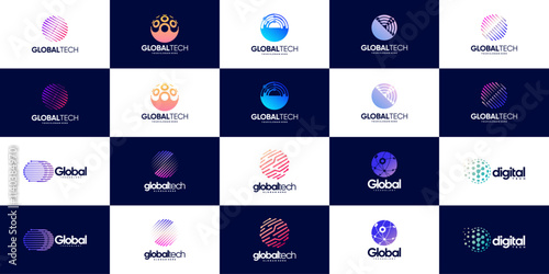 collection of modern technology global logos, network connections, digital services, vector graphic templates.