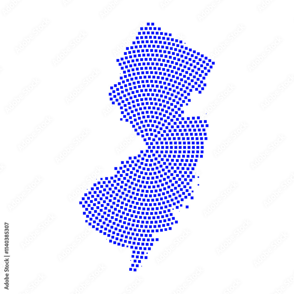 Obraz premium Abstract graphic New Jersey map from pixel blue on a white background. Vector illustration. 