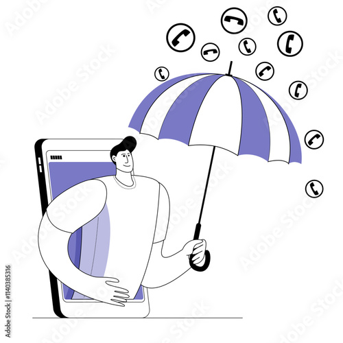 A man with an umbrella protects her mobile phone from spam calls. The concept of a vector illustration on the topic of protection against phone fraud and spam calls.