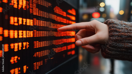 A person is pointing at a screen with a red and orange background photo