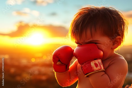 Kleines Kind mit roten Boxhandschuhen vor Sonnenuntergang, sportliche Pose
