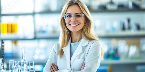British female research scientist standing proudly in chemistry lab, conducting an experiment photo