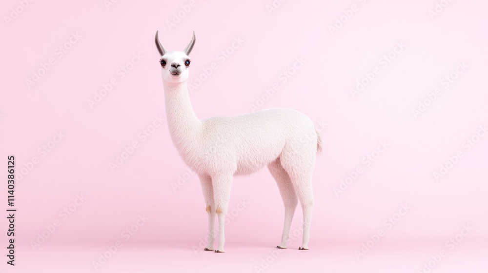 Fototapeta premium A cute, stylized white llama standing against a pink background.