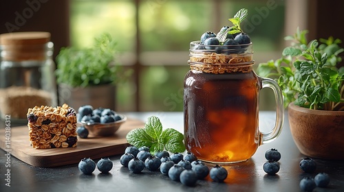 Delicious mocha mousse dessert with cold brew coffee in a mason jar pantone color palette rustic kitchen vibrant viewpoint