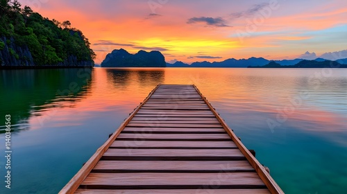 Tranquil Sunset Over Water with Wooden Pier Stretching into Serene Bay and Majestic Islands in the Distance Under a Colorful Sky