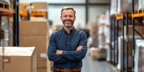 Male logistics coordinator standing proudly in a warehouse, overseeing inventory management photo